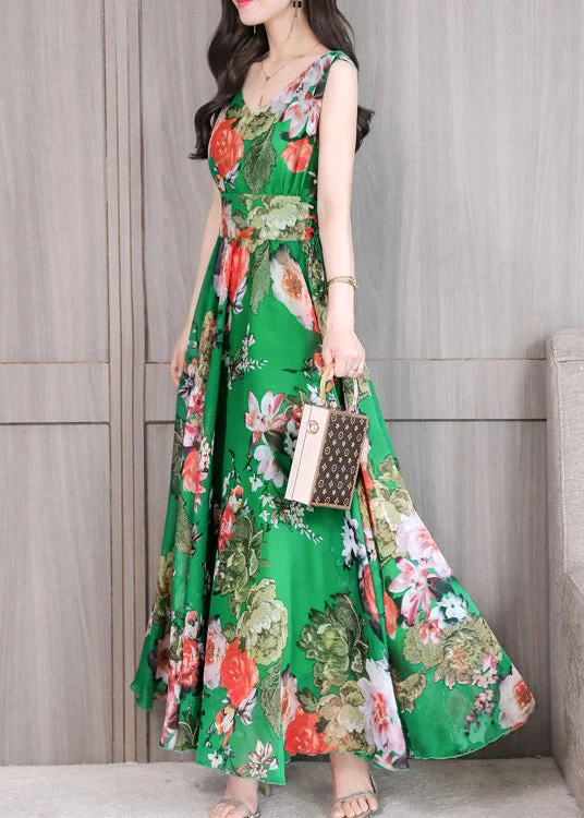 Green Slim Chiffon Maxi Dress Sleeveless Comfortable Flowy Maxi Dress