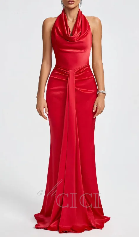 HALTER DRAPED SATIN MERMAID MAXI DRESS IN RED Fashionable Printed Maxi Dress