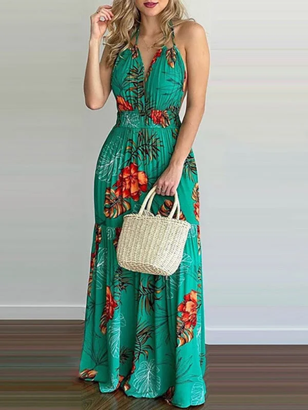 Blue Zone Planet |  Halterneck Tie V-neck Floral Print Open-back Maxi Dress Elegant Boho Maxi Dress