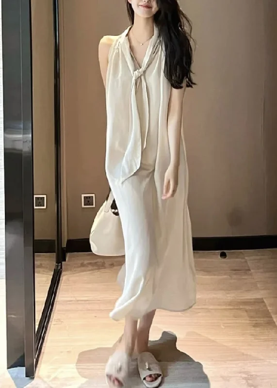 Handmade Beige Neck Tie Holiday Chiffon Maxi Dress Sleeveless Trendy A-Line Maxi Dress