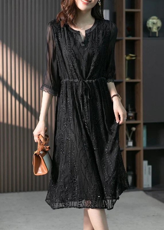 Handmade Black O-Neck Lace Patchwork Tie Waist Silk Maxi Dress Summer Stylish Pleated A-Line Maxi Dress