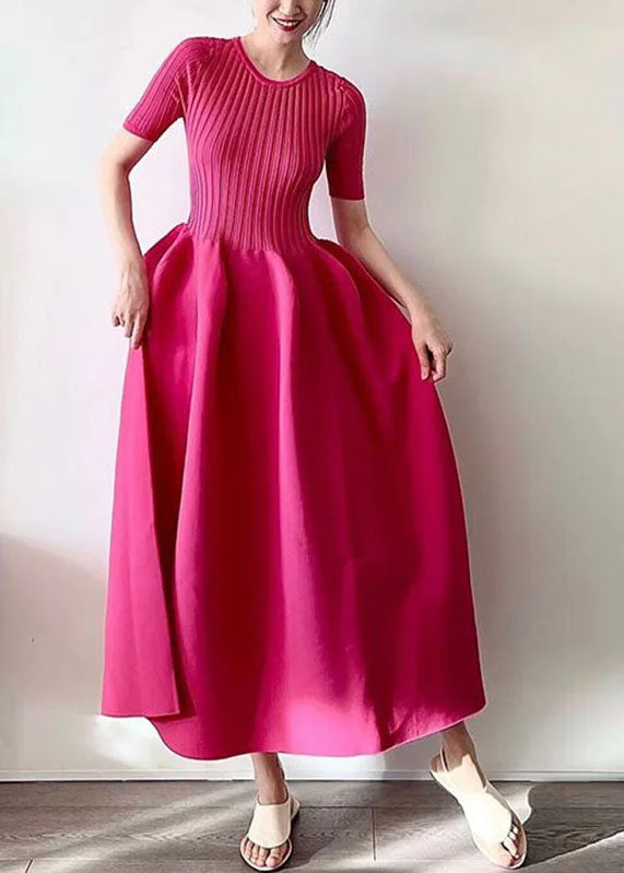 Handmade Rose O-Neck Knit Patchwork Fake Two Pieces Maxi Dress Short Sleeve Trendy Short Sleeve Maxi Dress