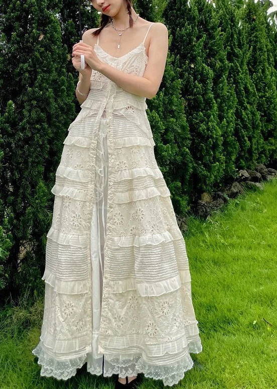 Handmade White V Neck Embroideried Button Lace Maxi Dress Summer Comfortable Pleated Maxi Dress