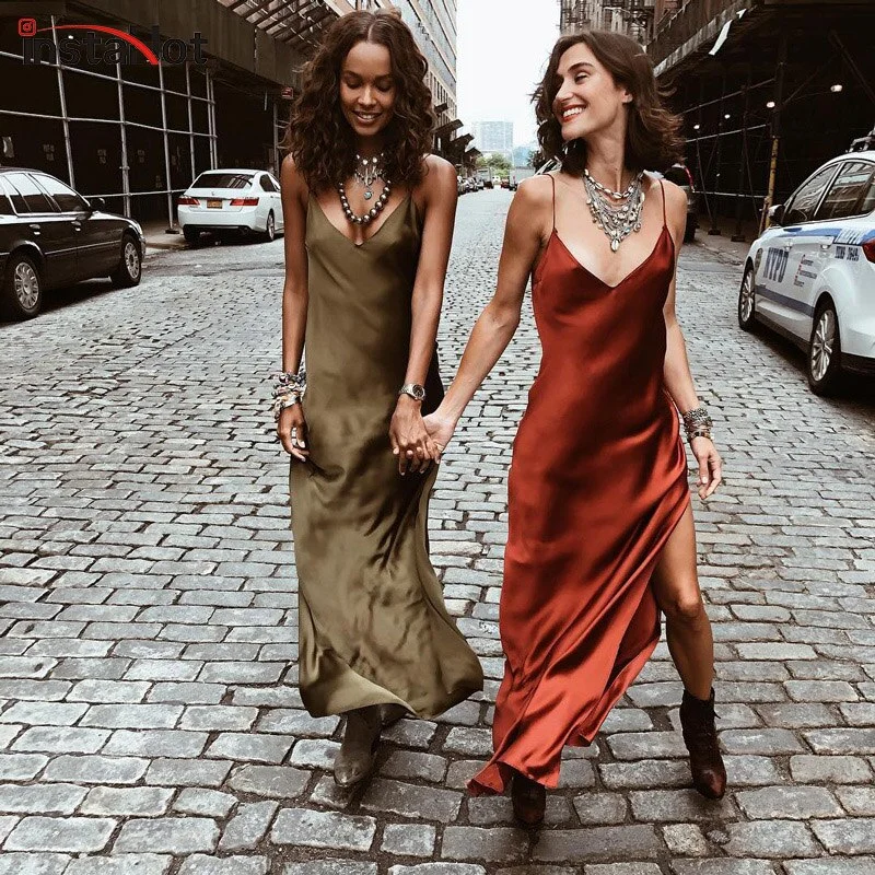 Insta Sexy Satin V Neck Maxi Dress Women Spaghetti Strap Sleeveless Backless Side Split Long Dresses 2022 Spring Lady Vestido Cozy Ruffle Sleeve Maxi Dress