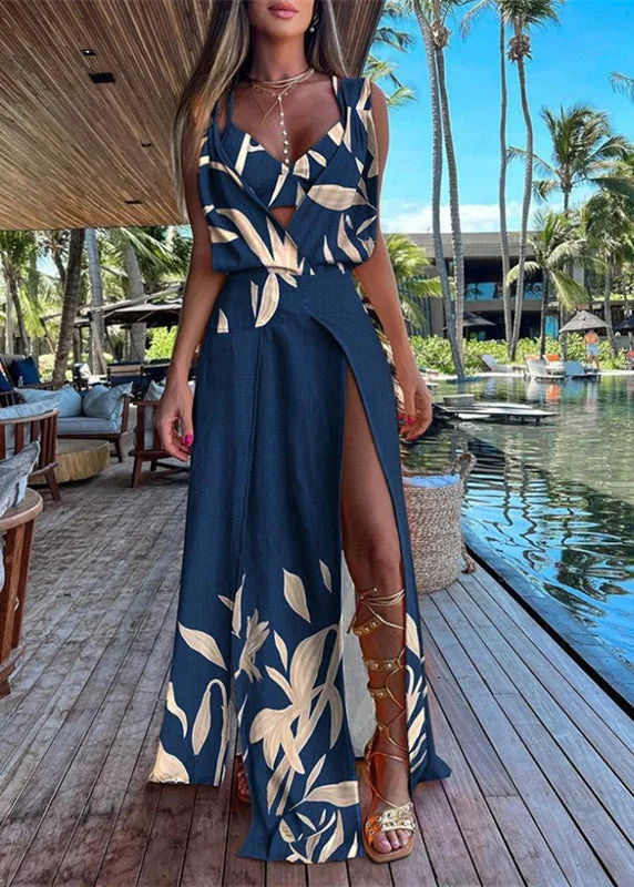 Italian Navy Blue V Neck Asymmetrical Print Tunic Side Open Maxi Dress Summer Elegant Sleeveless Maxi Dress