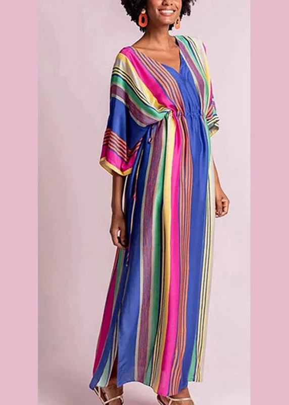 Italian Rainbow Striped Drawstring Elastic Waist Maxi Dress Half Sleeve Classic A-Line Maxi Dress