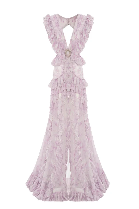 LILAC DEGRADE PATTERNED RUFFLED MAXI DRESS Stylish A-Line Maxi Dress