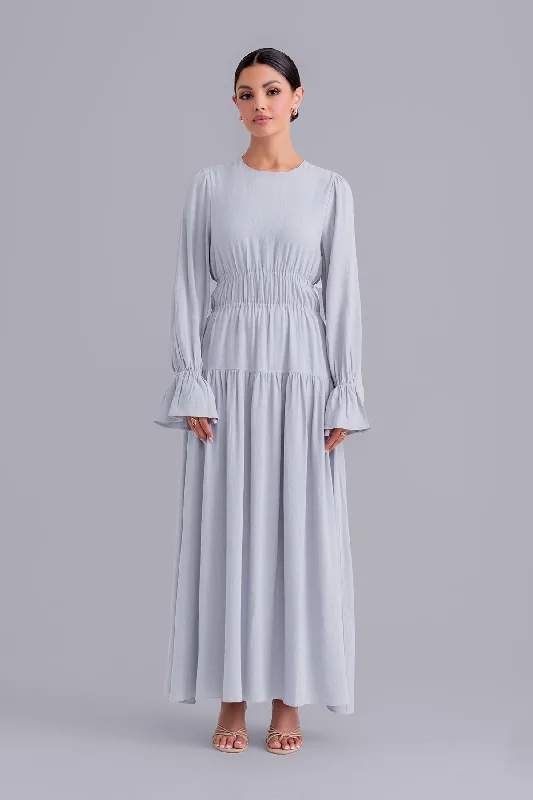 Liliana Long Sleeve Linen Maxi Dress - Powder Stylish Pleated A-Line Maxi Dress