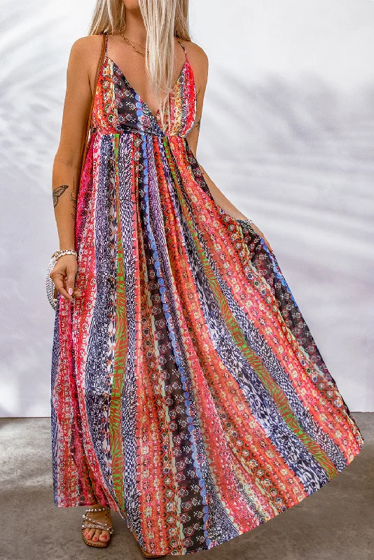 Blue Zone Planet | Linda's Boho Printed Surplice Spaghetti Strap Maxi Dress Elegant Floral Maxi Dress