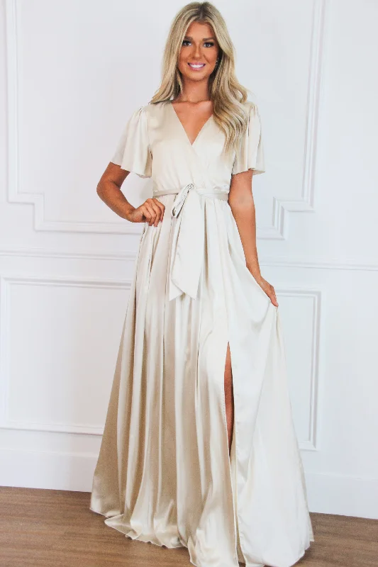 Livingston Satin Maxi Dress: Champagne Stylish Longline Maxi Dress