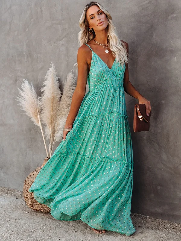 Long Dress Women Sleeveless V Neck Spaghetti Strap Summer Maxi Dress Boho Pleated Loose Beach Dress Robe Femme Vestido De Mujer Comfortable Ruffle Maxi Dress