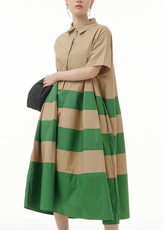 Loose Green Striped Patchwork Cotton Maxi Dresses Short Sleeve Cozy Open-Back Maxi Dress