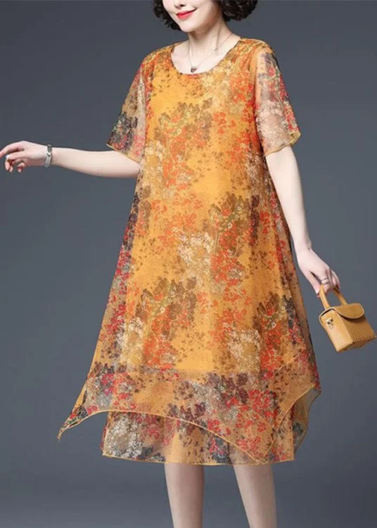 Loose Yellow O-Neck Print Asymmetrical Tulle Maxi Dresses Short Sleeve Chic Summer Floral Maxi Dress