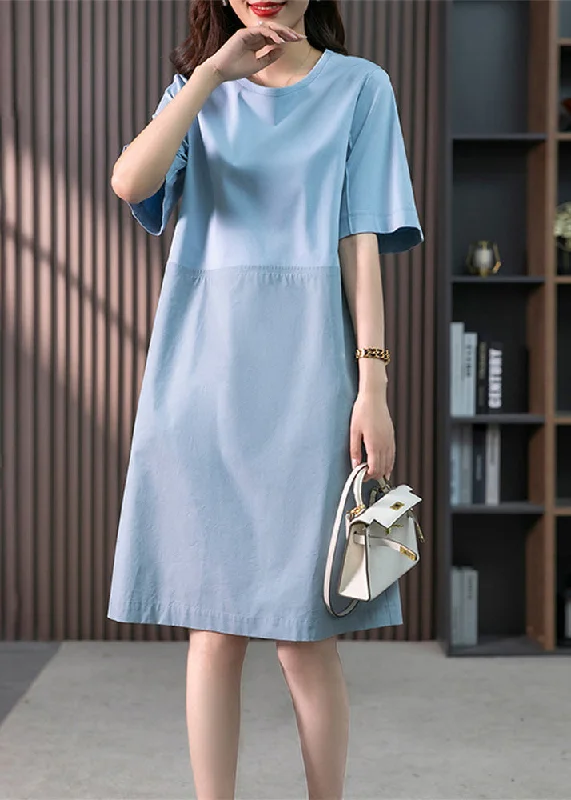 Modern Blue O-Neck Patchwork Cotton Maxi Dresses Short Sleeve Cozy Ruffle Sleeve Maxi Dress