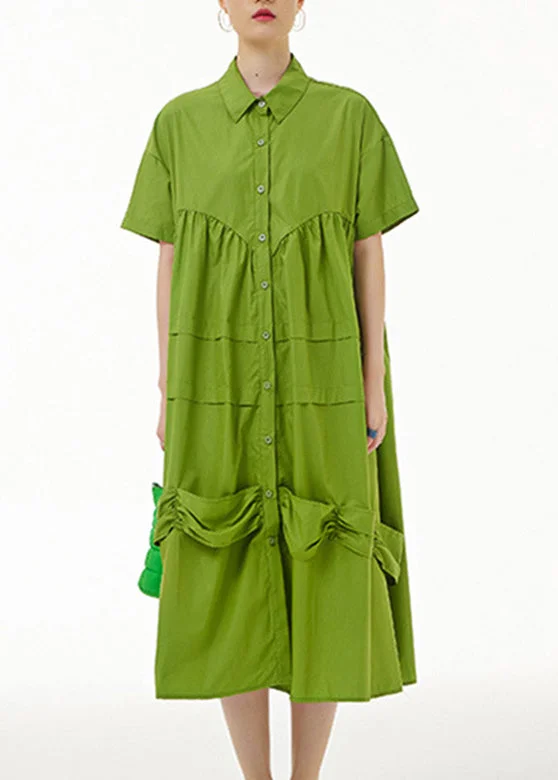 Natural Green Wrinkled Button Maxi Dress Summer Comfortable Plunging Neckline Maxi Dress