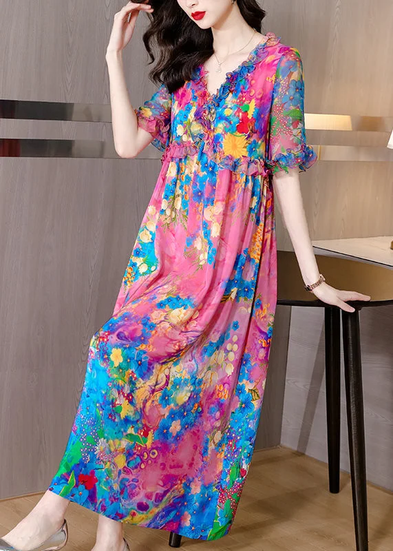 Natural V Neck Ruffled Print Silk Holiday Maxi Dress Short Sleeve Cozy Ribbed Maxi Dress