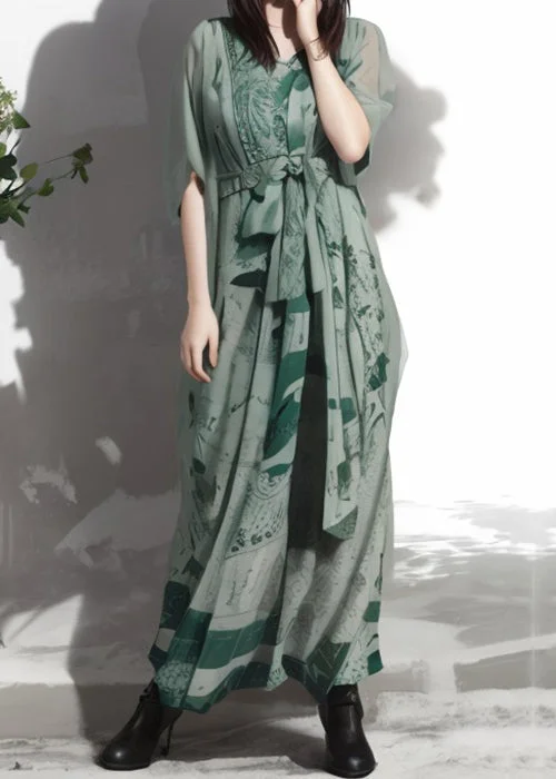 New Green V Neck Print Silk Maxi Dresses Summer Classic Black Maxi Dress