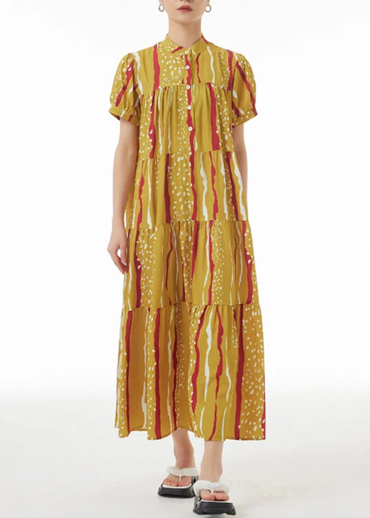 Novelty Yellow Print Patchwork Button Maxi Dresses Summer Fashionable Halter Neck Maxi Dress