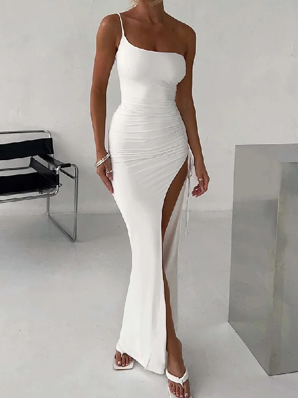 One Shoulder Strap Thigh High Split Maxi Dress For Women Robe Sleeveless Backless Bodycon Sexy Club Party Long Dress Comfortable Long-Sleeve Maxi Dress