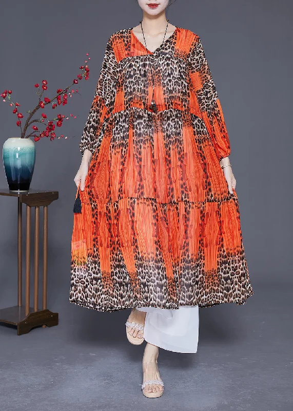 Orange Leopar Print Chiffon Maxi Dress Drawstring Exra Large Hem Summer Cozy Longline Maxi Dress