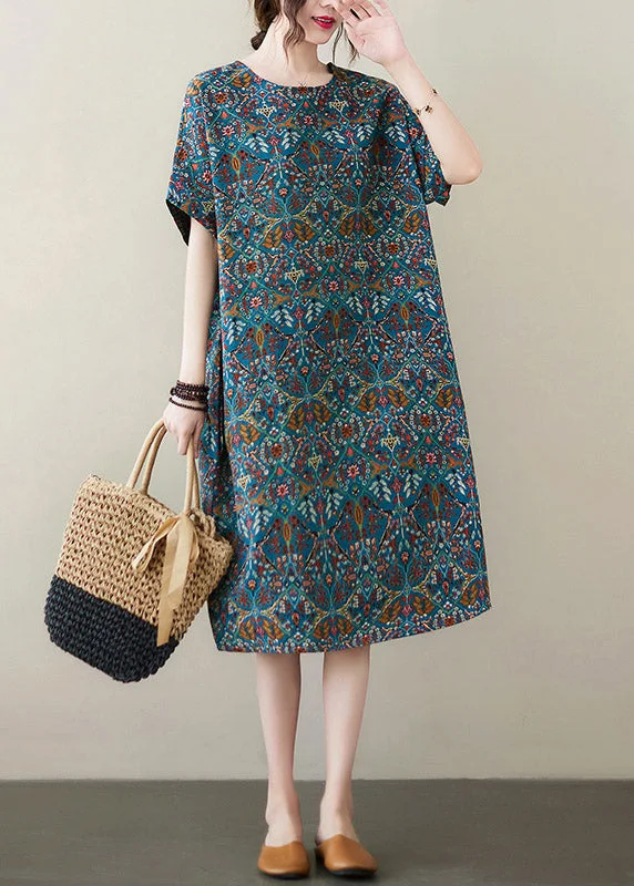 Organic Blue O-Neck Print Cotton Maxi Dresses Summer Elegant Velvet Maxi Dress