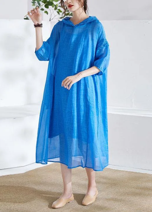 Organic Blue Ruffled Patchwork Summer Ramie Maxi Dresses Half Sleeve Cozy Cold-Shoulder Maxi Dress