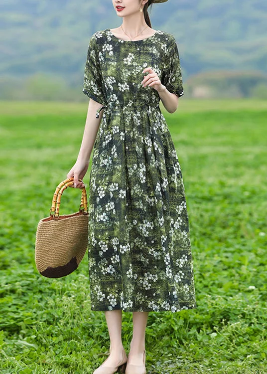 Organic Green O-Neck Print Slim Tie Waist Linen Maxi Dresses Short Sleeve Elegant Maxi Dress with Drapes