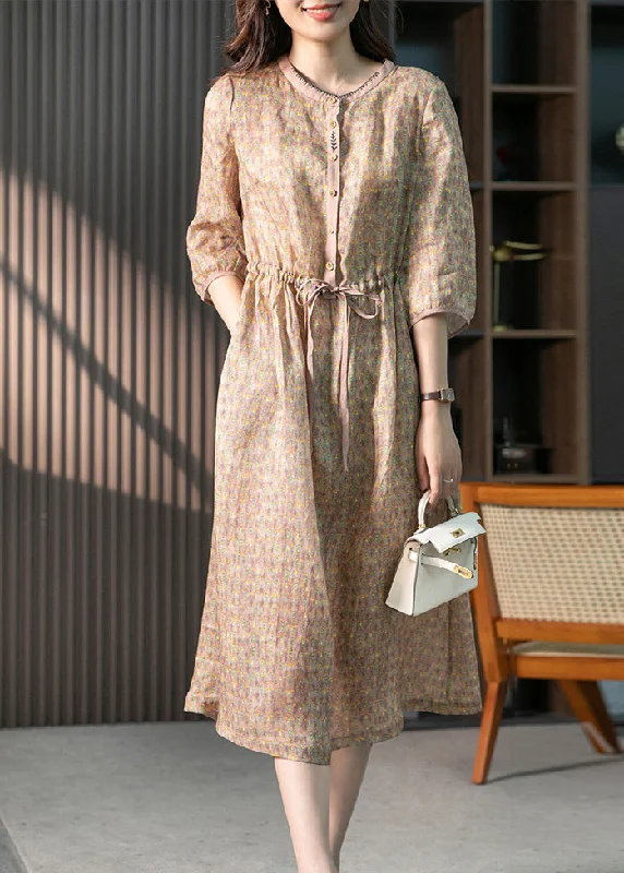 Organic Pink O-Neck Print Drawstring Linen Maxi Dresses Summer Comfortable T-Shirt Maxi Dress