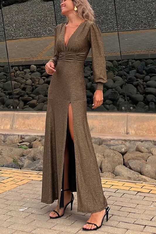 Perfect Curve Metallic Smocked Slit Maxi Dress Fashionable Asymmetrical Maxi Dress