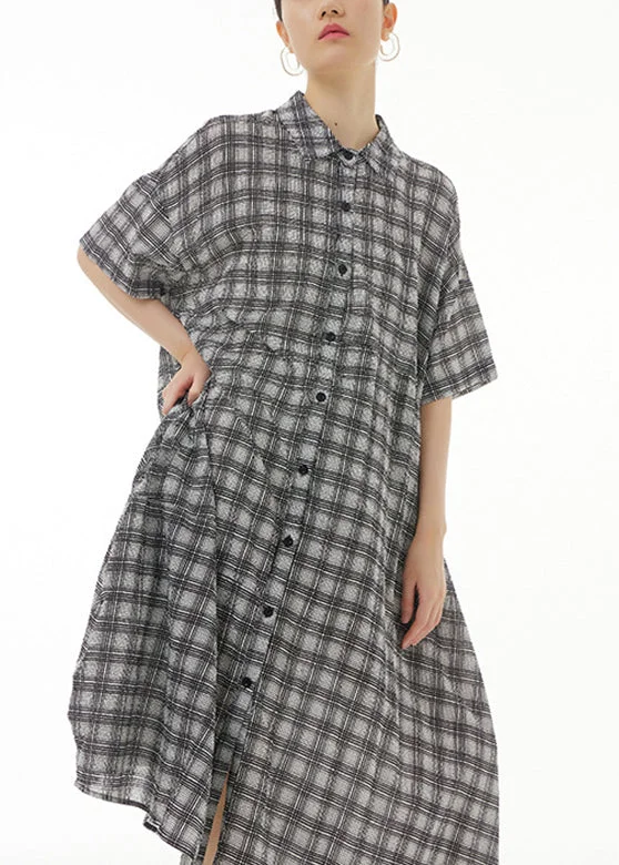 Plus Size Black Plaid Button Cotton Maxi Dresses Summer Trendy Ruffled Maxi Dress