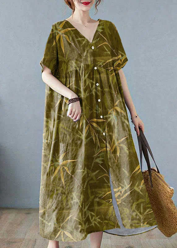 Plus Size Green bamboo Retro Button Summer Print Half Sleeve Maxi Dress Stylish Off-Shoulder Maxi Dress