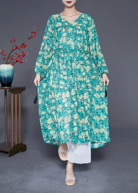 Plus Size Green Cinched Print Chiffon Maxi Dresses Lantern Sleeve Elegant Sleeveless Maxi Dress