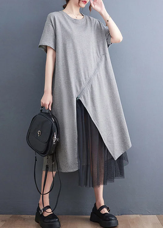 Plus Size Grey Asymmetrical Tulle Patchwork Solid Maxi Dress Summer Casual Maxi Dress with Pockets