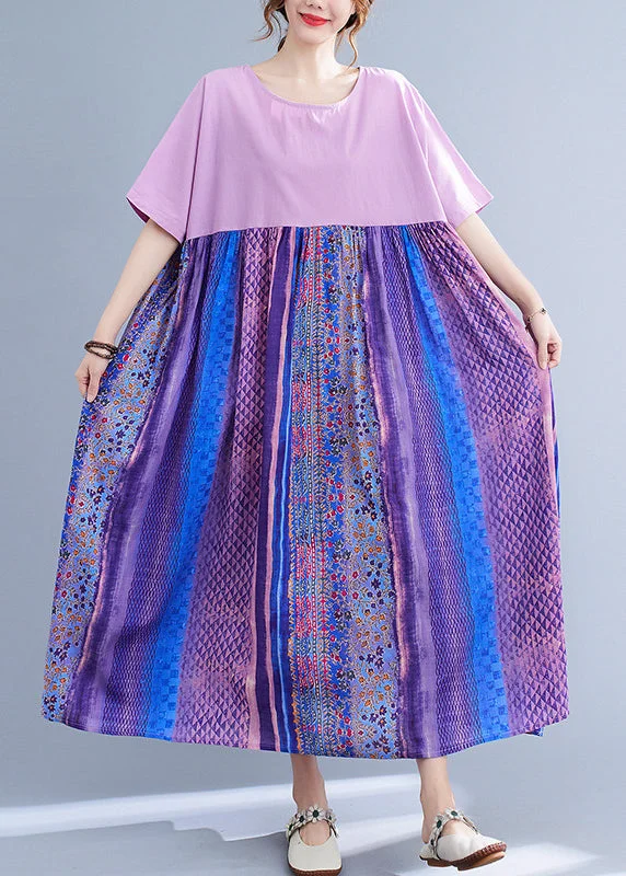 Plus Size Llight Purple Patchwork Print Maxi Dress Summer Cozy Ruffle Sleeve Maxi Dress