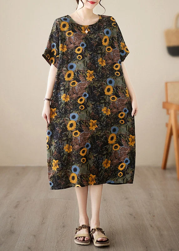 Plus Size O-Neck Print Maxi Dresses Short Sleeve Cozy Knitted Maxi Dress