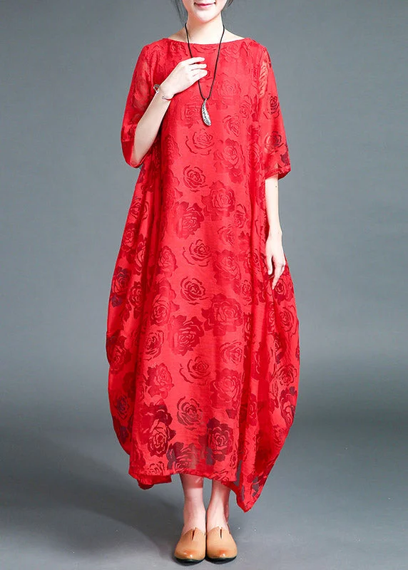 Plus Size Red O-Neck Lace Holiday Maxi Dress Summer Elegant Tiered Maxi Dress