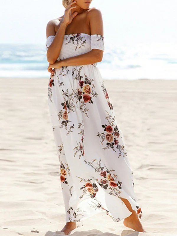 Blue Zone Planet |Elara's Floral Off-Shoulder Strapless Chiffon Slit Maxi Dress Classic Solid Maxi Dress