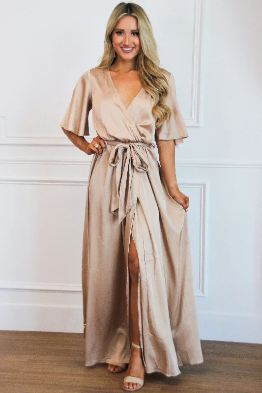 Raleigh Satin Maxi Dress: Champagne Fashionable High-Waist Maxi Dress