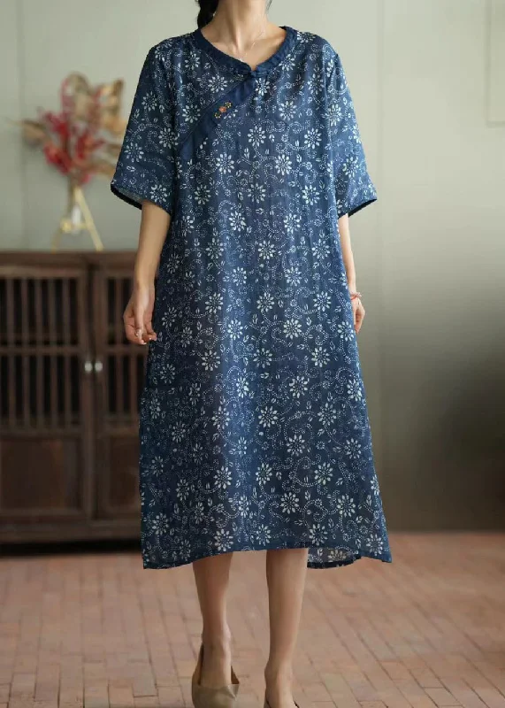 Retro Blue Print Button Ramie Maxi Dress Short Sleeve Cozy Maxi Dress with Slit