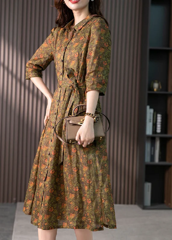 Retro Peter Pan Collar Print Button Slim Linen Maxi Dress Half Sleeve Fashionable Printed Maxi Dress