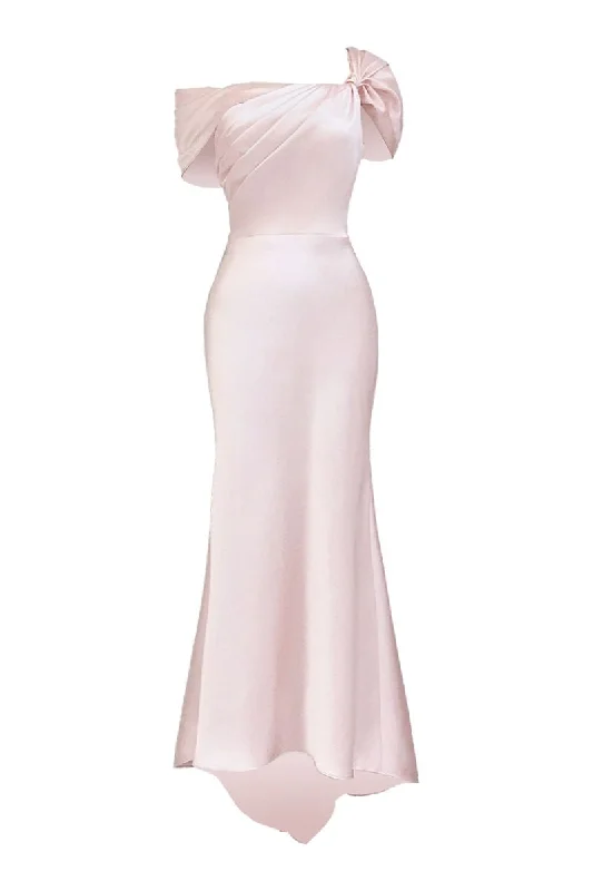 ROSE GOLD OFF-SHOULDER SILK MAXI DRESS Stylish One-Shoulder Maxi Dress