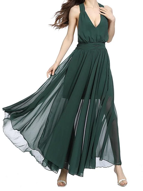 Hanging Neck Slim Dark Green Backless Sexy Big Swing Strap Beach Maxi Dress Stylish A-Line Maxi Dress