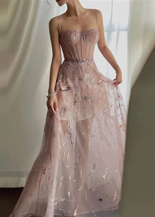 Sexy Pink Embroideried Sequins Slim Fit Tulle Maxi Dresses Sleeveless Stylish A-Line Maxi Dress