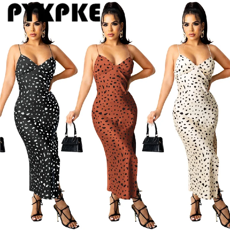 Sexy Print V Neck Maxi Dress Women Spaghetti Strap Sleeveless Backless Side Split Long Dresses 2201 Summer Lady Vestido Fashionable High-Low Maxi Dress