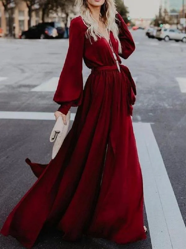 Sexy V Neck Long Sleeve Split Maxi Dress with Belt Casual Maxi Dress with Pockets