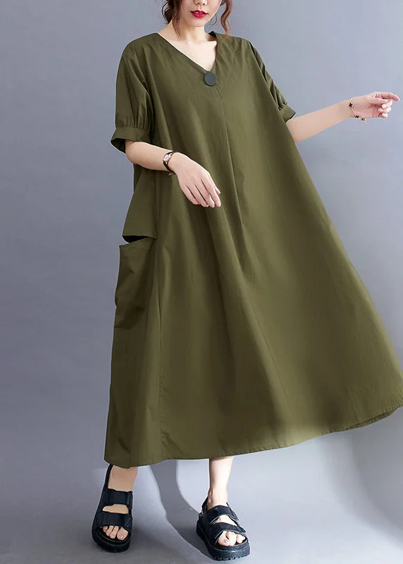 Style Army Green V Neck Pockets Cotton Maxi Dress Summer Elegant Wraparound Maxi Dress