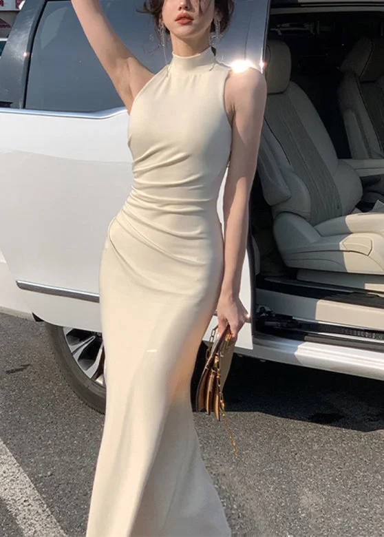 Style Beige Turtleneck Solid Slim Maxi Dress Summer Cozy Maxi Dress with Slit