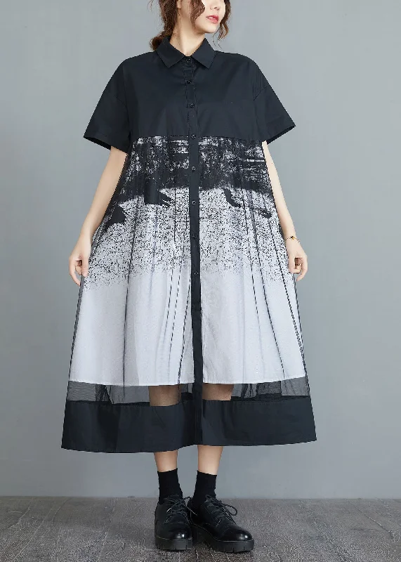 Style Black Peter Pan Collar Tulle Patchwork Cotton Maxi Dresses Short Sleeve Cozy Ruffle Sleeve Maxi Dress