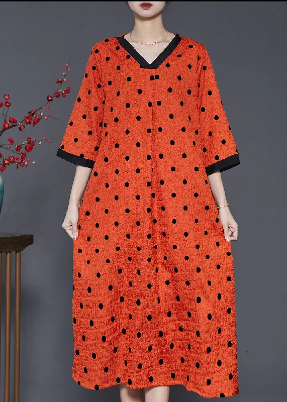 Style Orange V Neck Print Linen Maxi Dresses Summer Comfortable Maxi Dress with Slits