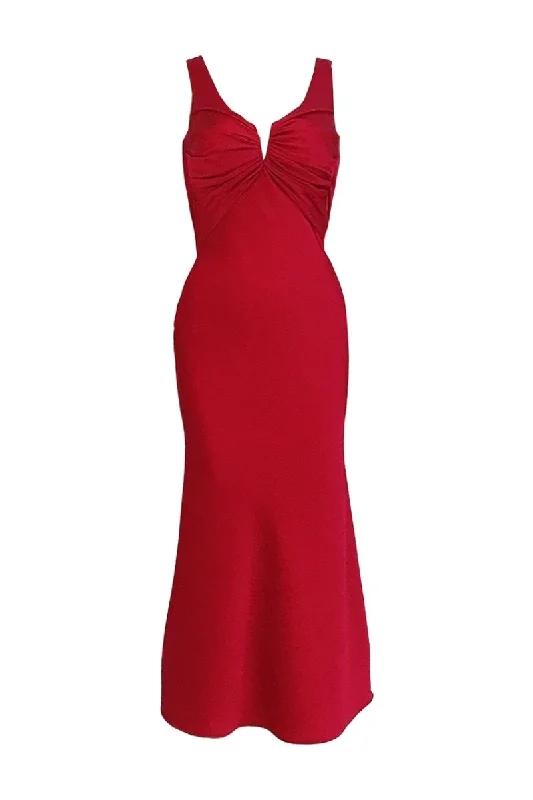 STYLIZED BACKLESS RED SILK MAXI DRESS Classic A-Line Maxi Dress